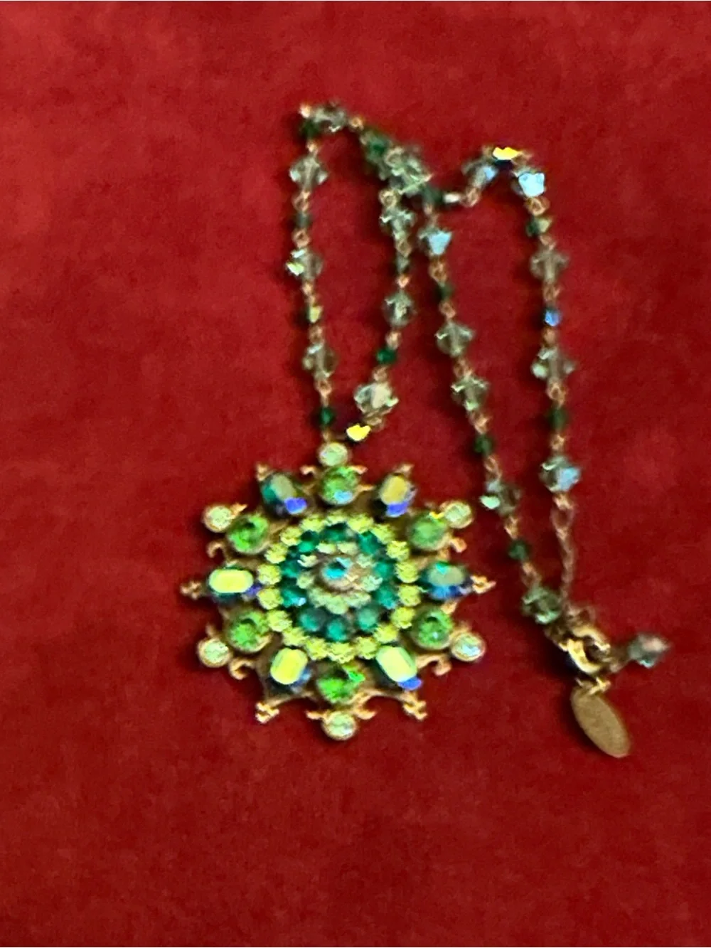 Vintage Gold-Tone Green Crystal Sunburst Pendant Necklace